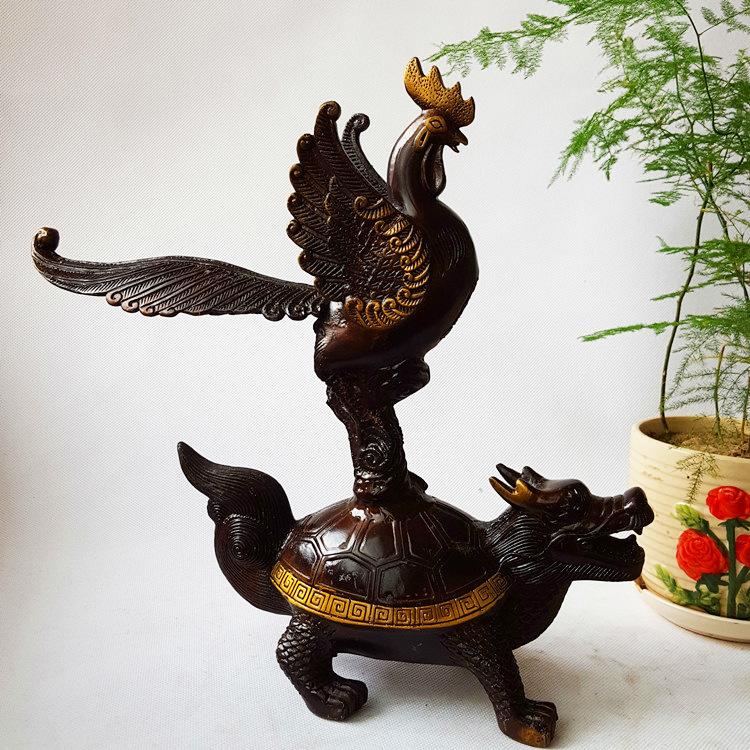 Antique Bronze Rooster Treading Dragon Turtle Head Ornament Home Decoration Metal Craft Approximate Length28