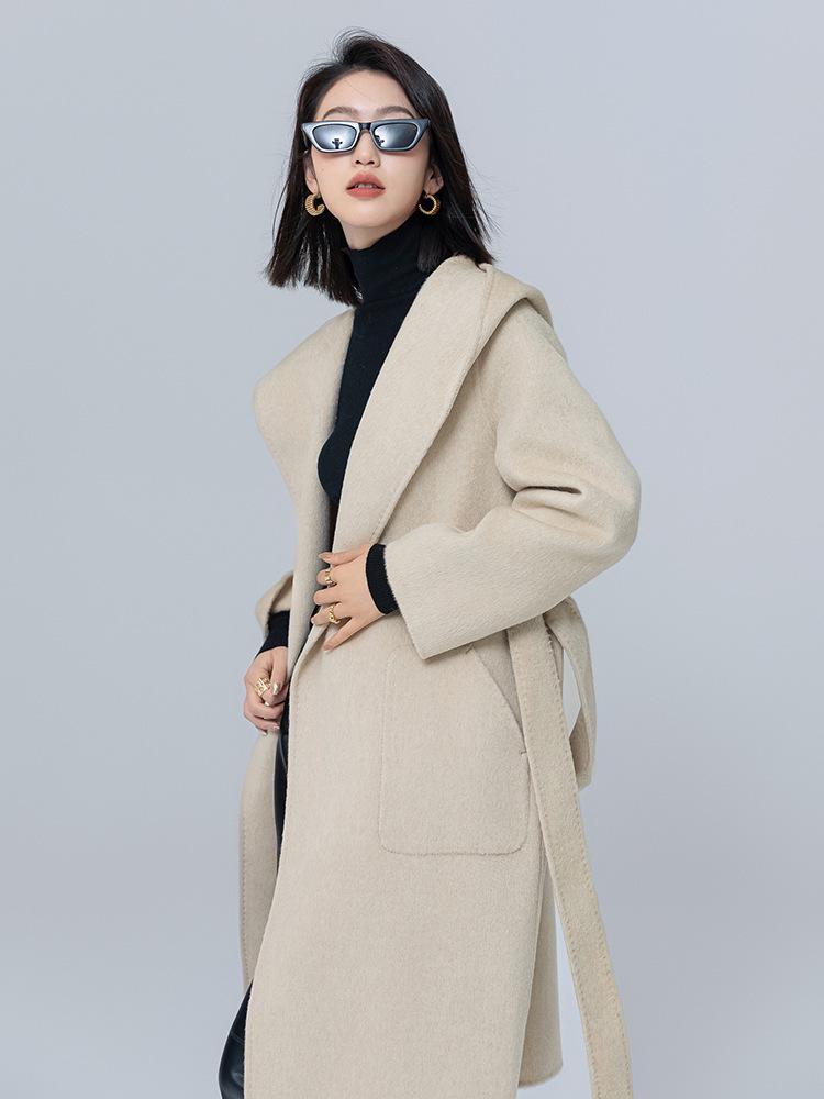 Alpaca Wool Hooded Mid-Length Coat - Autumn/Winter Loose Fit Overcoat