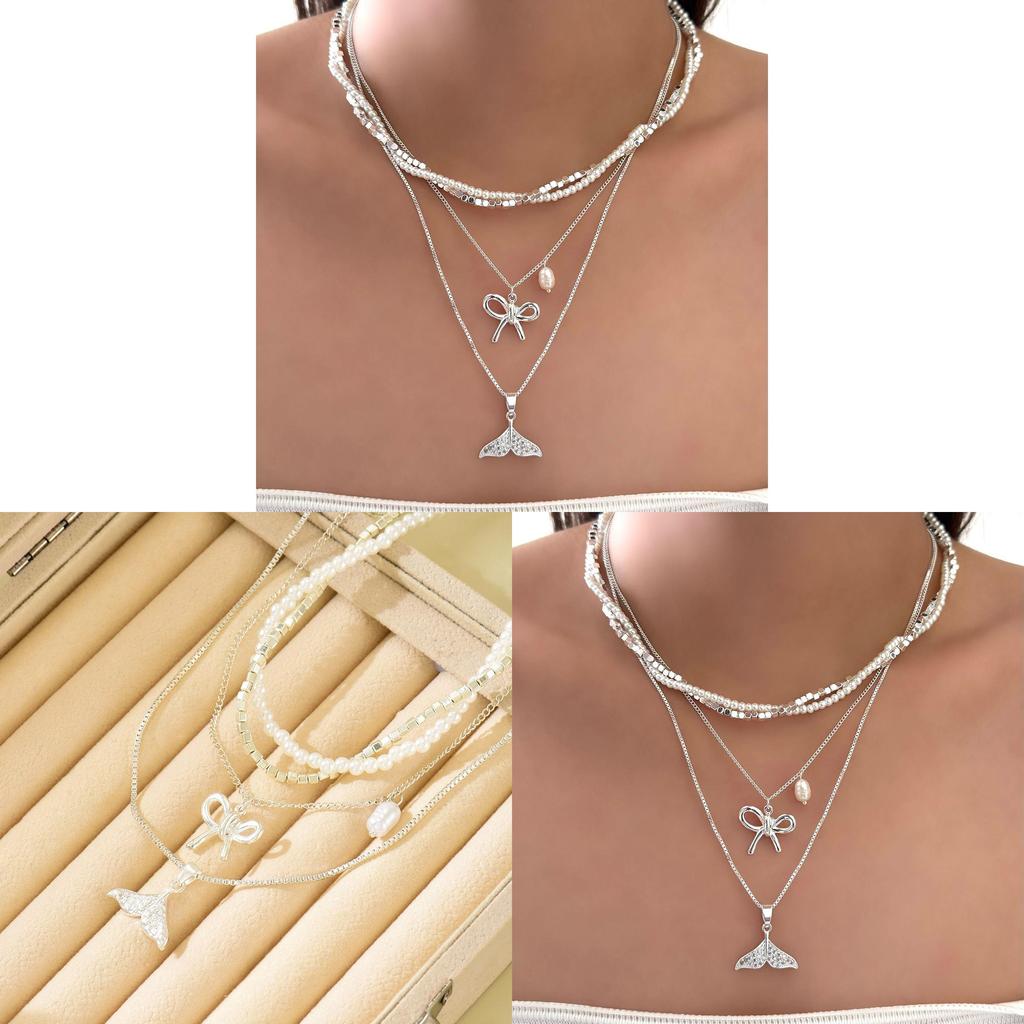 Schmetterlingsschleife Anhänger Halskette Mit Künstlicher Perle Mehrschichtige Kette Für Damen Und Herren