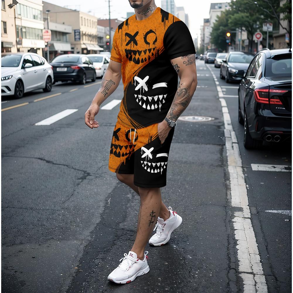 Summer 3D Fun Smiling Face Pattern Round Neck Short sleeved T-shirt Shorts Set Men's 2-piece Casual Street Sportswear