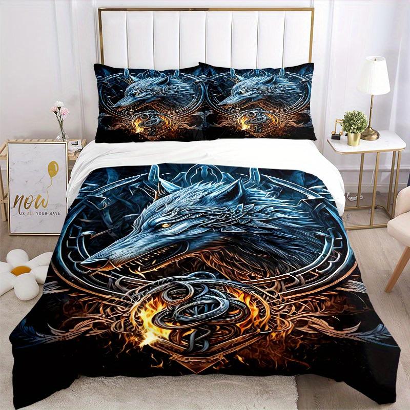 3pcs Wolf Flame Bedding Set Down Comforter Cover and Pillowcases, Suitable for All Seasons(No Insert)-0729070