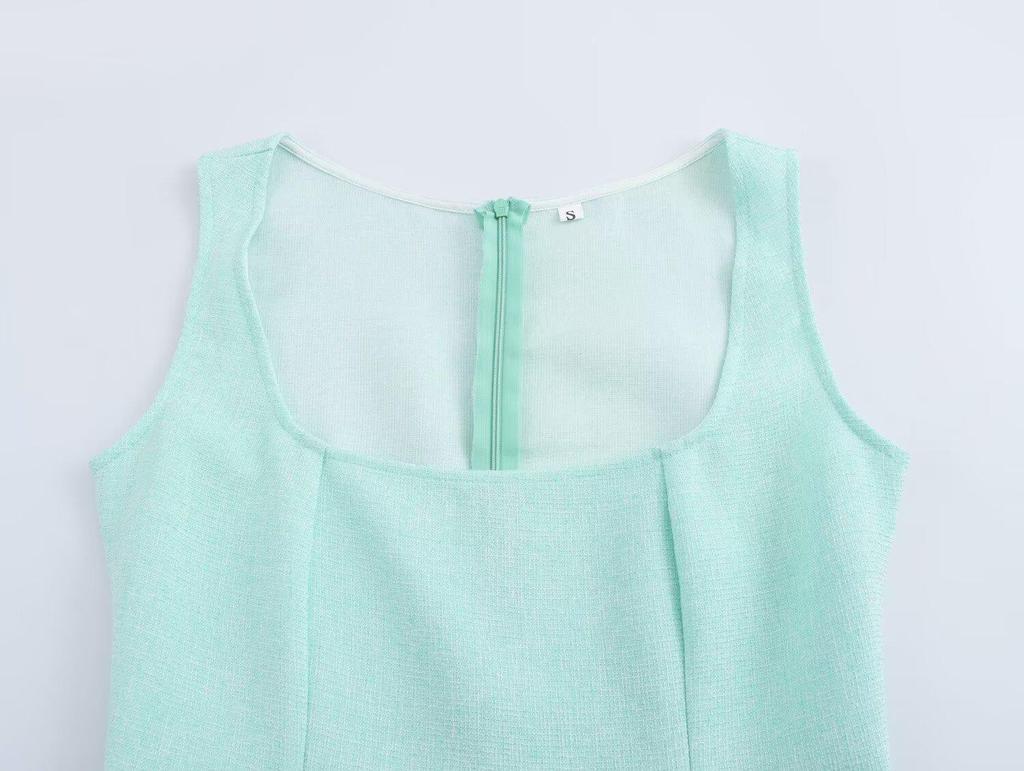 Rochie de primăvară 2025 pentru femei, europeană și americană, cu gât pătrat, fără mâneci, plisată, patchwork