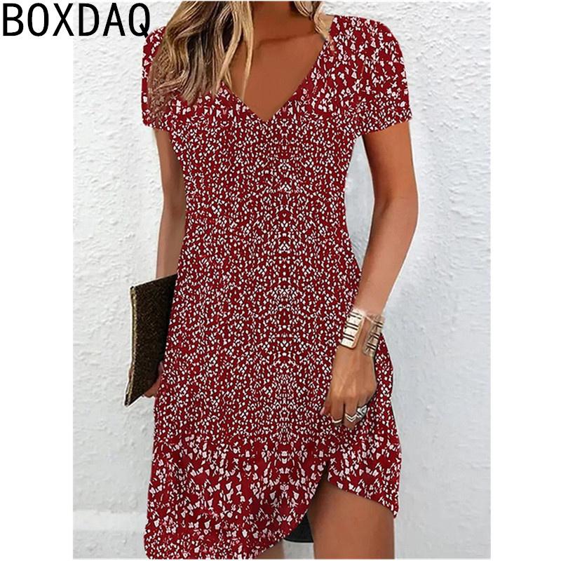 Women's Summer Dress Vintage Floral Printed Mini Dress V-neck Short Sleeves Casual Brach Holiday Dresses Oversized Dress