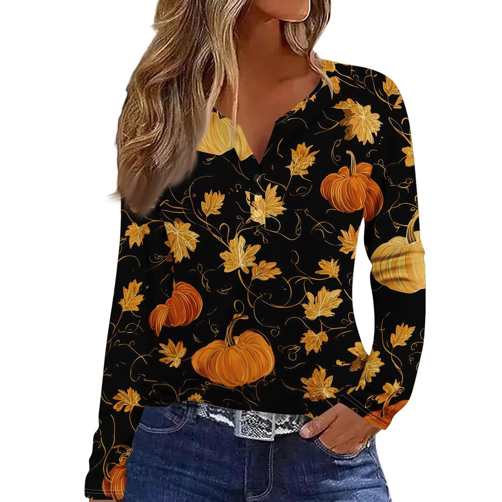 Haut T-shirt Décontracté Mode Femme Imprimé Halloween Col en V Bouton Bordure Manches Longues