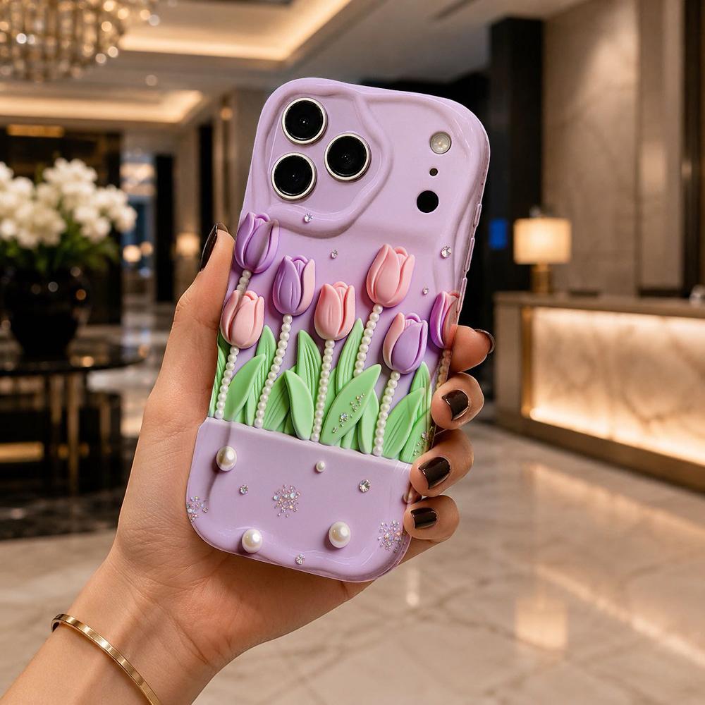 Tulip Pearl Light Lavender Phone Case For iPhone 17 16 15 14 13 12 11 Pro Max Plus Wavy Edge Protective Cover