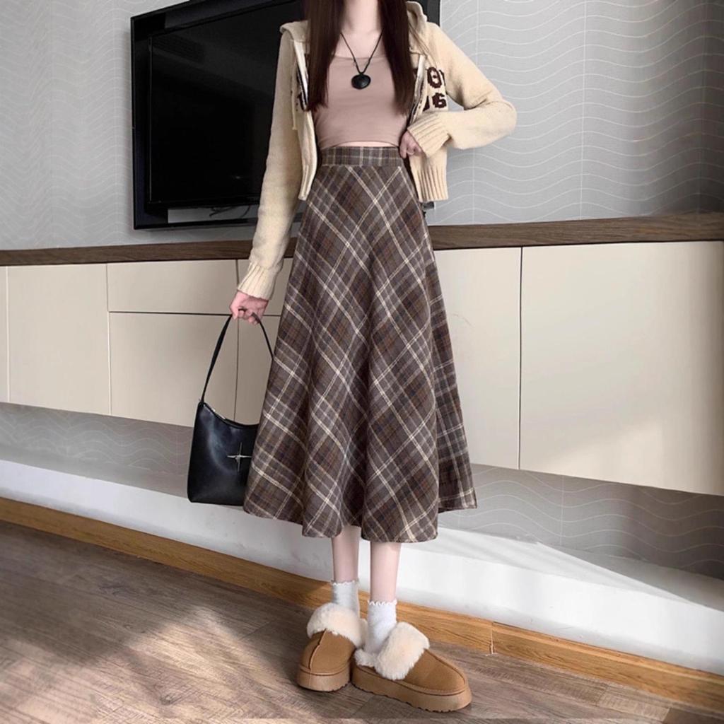 Women's High Waist Plaid Woolen A-line Skirt - Autumn/Winter 2025 Mid-length Umbrella Style