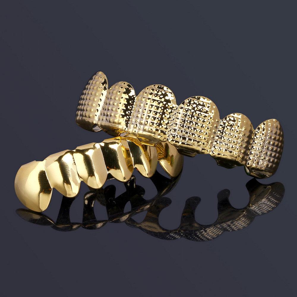 HIOHOP Lattice Pattern 18K Gold Plated Hip Hop Grillz - Top & Bottom Six Teeth Fashion Accessory.