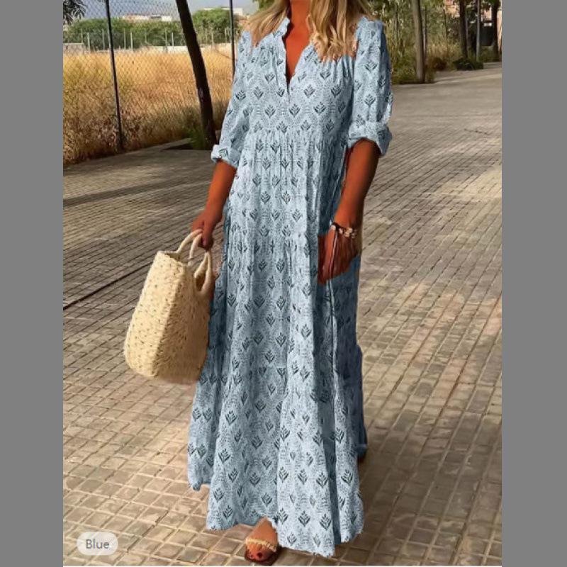 

Европейские и американские женские летние ретро-стойки с воротником-стойкой, модное свободное платье большого размера, длинный стиль S синий