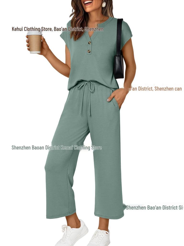 Women's Spring/Summer V-Neck Short Sleeve Buttoned Two-Piece Casual Suit