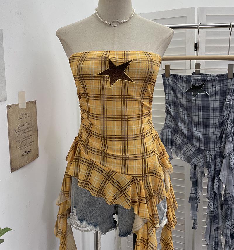 

Wasteland Style Plaid Bandeau Top with Star Embroidery and Irregular Mesh Hem - Y2K Women s Fashion One Size жовтий