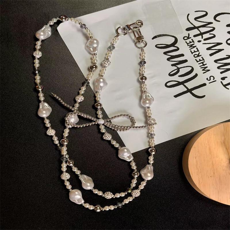 Silver Pearl Bow Diamond Ball Phone Lanyard With Pvc Strap For Women And Men
