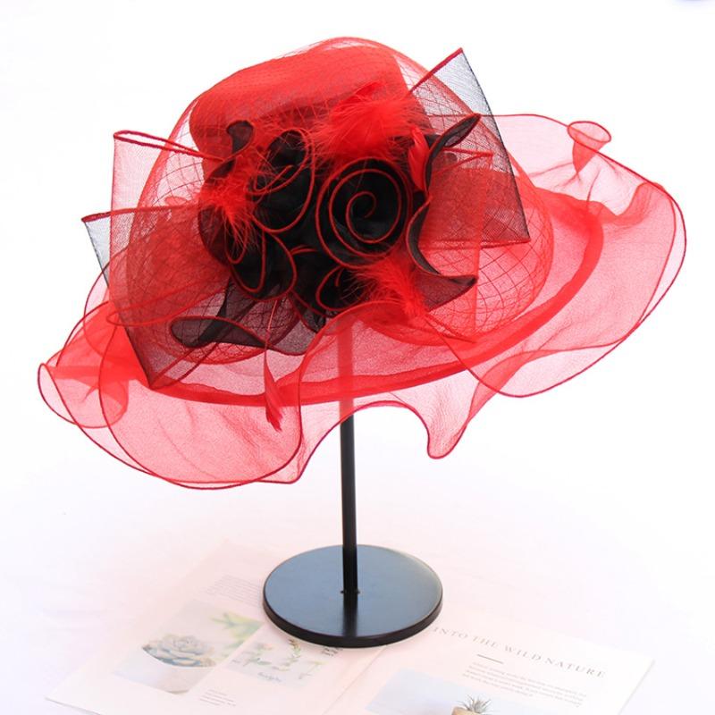 Fashion Flower Fascinator Hats For Women Ladies Kentucky Derby Wide Brim Wedding Church Organza Sun Hat Elegant Large Fedoras