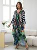 EDOLYNSA 2024 Summer Women's Green Print Loose Kaftan Dress 2024 Boho Cozy V-Neck Batwing Sleeve Beach Long Dresses Sexy Swimsuit Bikini Cover-ups