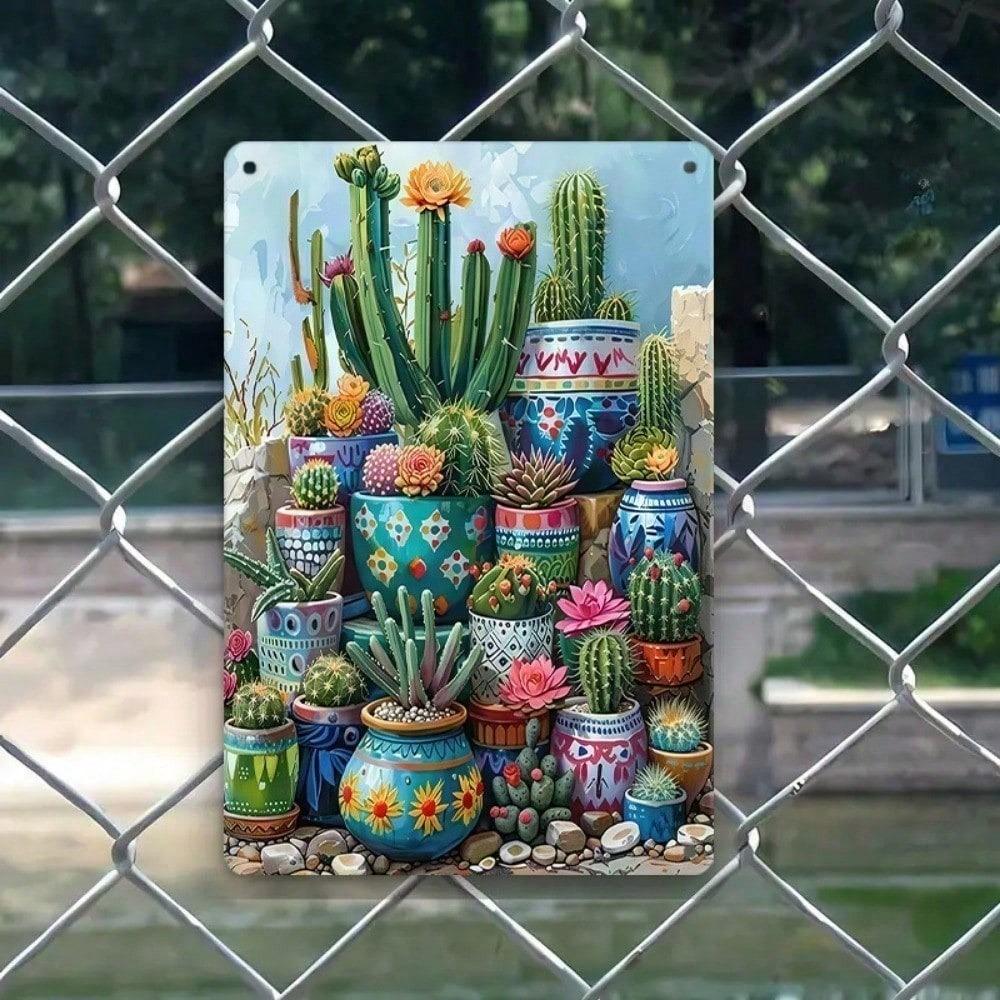 1PC Colorful Cactus Tin Sign, 2D Flat Succulent Metal Plaque, Desert Nature Wall Art, Farmhouse Garden Decor