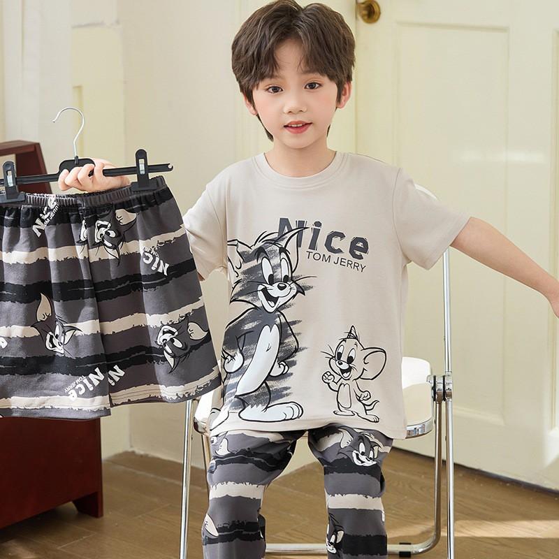 Boys Cotton Short Sleeve 3-Piece Pajama Set Sleepwear Kids Teens Cartoon Print Lightweight Home Wear