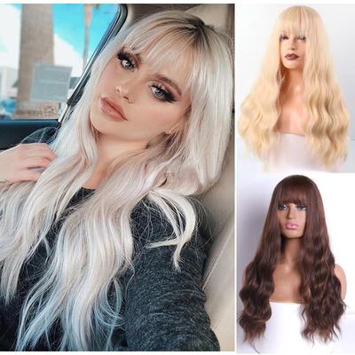 MISS WIG Parrucca ondulata naturale alla moda da donna con frangia Parrucca per capelli lunghi ondulati per l'uso quotidiano da donna
