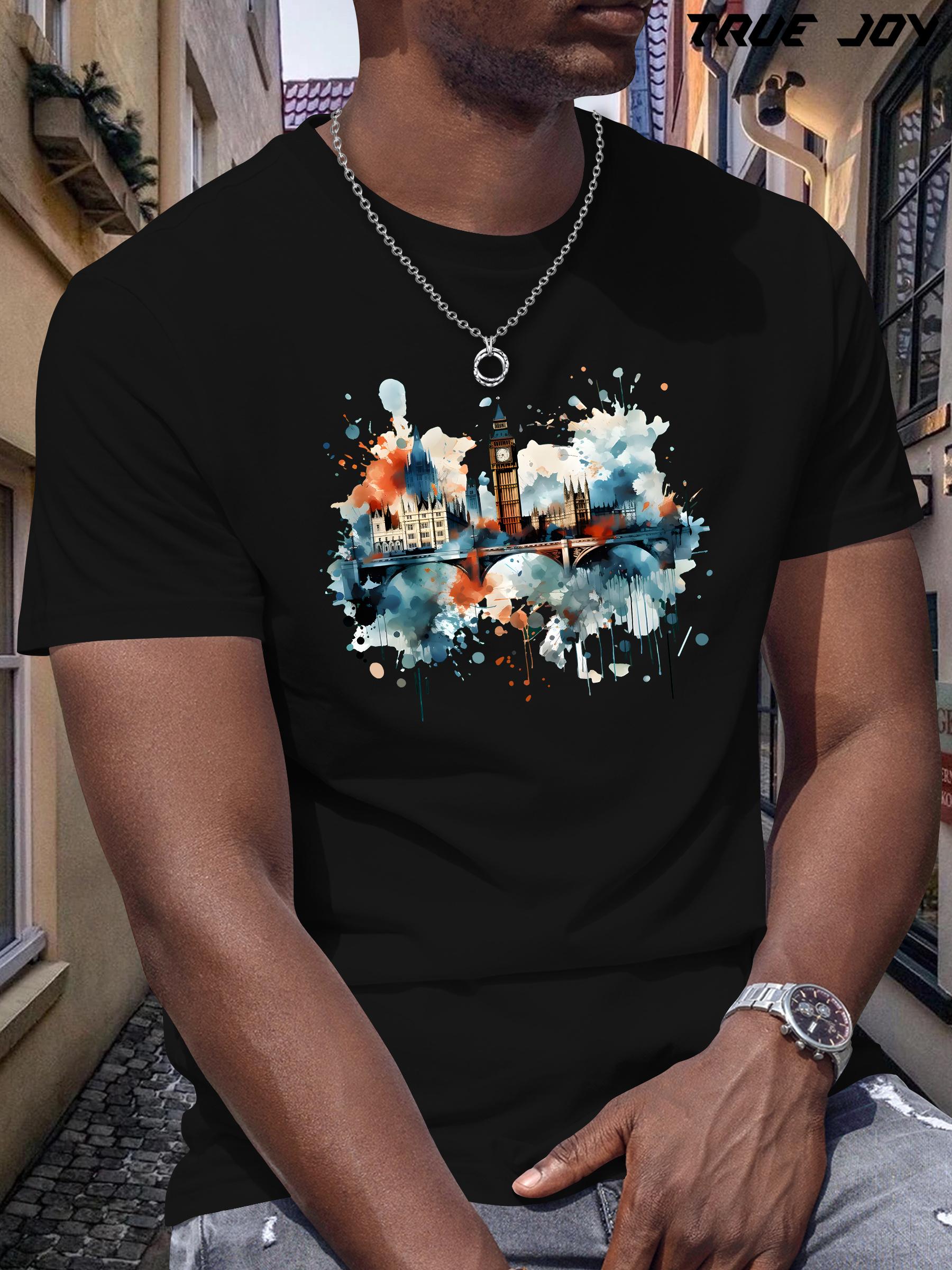 

London Big Ben Graphic T-shirt - Black with Blue & Orange Watercolor Splash - Breathable Quick-Dry Fabric - Regular Fit Casual Tee for Travel XXXXL