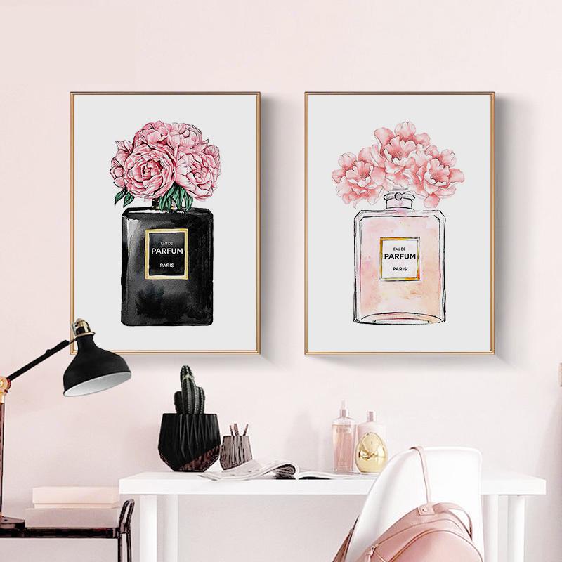 Fashion Luxury Perfume Bottle Canvas Painting Nordic Flower Poster Print Wall Picture Modern Girl Room Decor