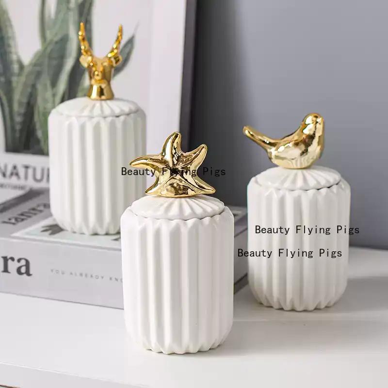 1pc Ceramic Toothpick Jar Cotton Swab Container Elk, Bird, Starfish Toothpick Jar Key Storage Box with Lid Household Goods