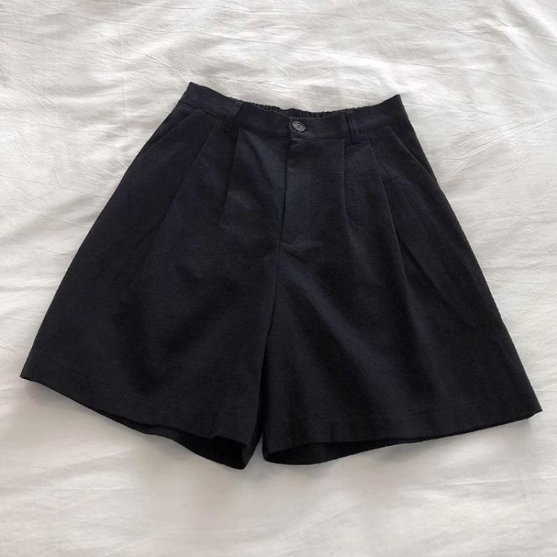 

women s High Waist Pleated Cotton Linen Wide Leg Shorts Casual A Line Five Point Short Pants 4XL чорний