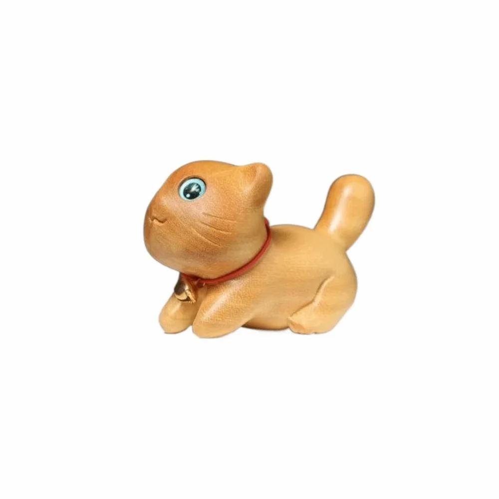 Pet Ornaments Miniature Wood Cat Statue Cute Handmade Carving Animal Statue Cartoon Natural Cat Figurine Desktop