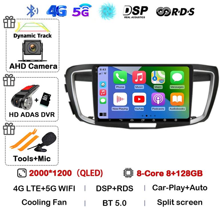 Android 14 Carplay Auto For Honda Accord 9 2.4L 2.0L 2012 - 2018 WiFi+4G Car Radio Multimedia Video Player GPS Navigation Stereo