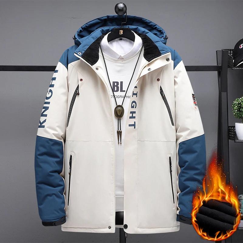 Männer Verdicken Warme Winter Jacke Outdoor Parkas Mit Kapuze Kleidung Schwarz Patchwork Plus Samt Mode Übergröße 8XL 9XL Mantel