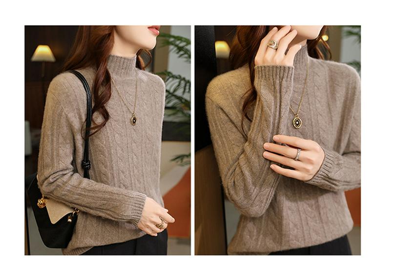 Four-Strand Thick Cable Knit High-Neck Cashmere Sweater - Slim-Fit, Soft and Smooth Women's 2025 Autumn/Winter Collection.