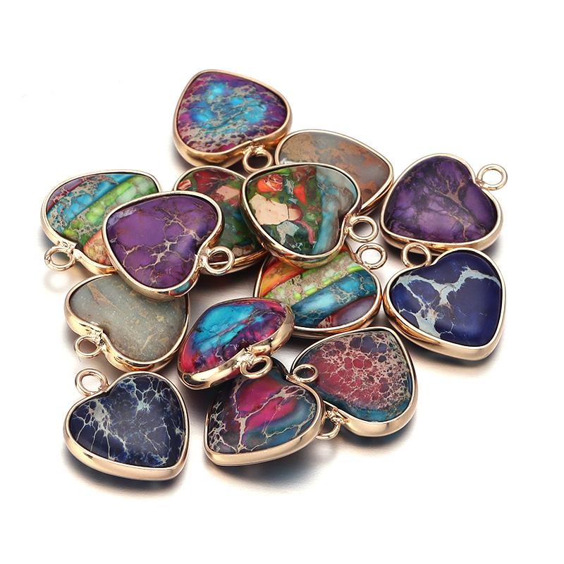 2pcs/lot Natural Emperor Stone Pendant Classic Heart Metal Frame Charms Necklace Accessories For Women Gift Diy Jewelry Finding