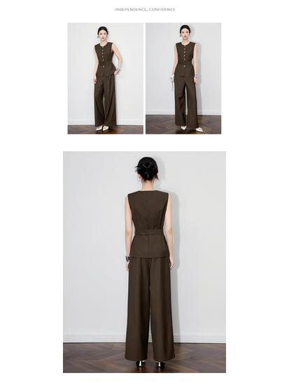 Elegant Silver Buckle Vest & Commuter Wide-Leg Pants Set for Women - Autumn Collection