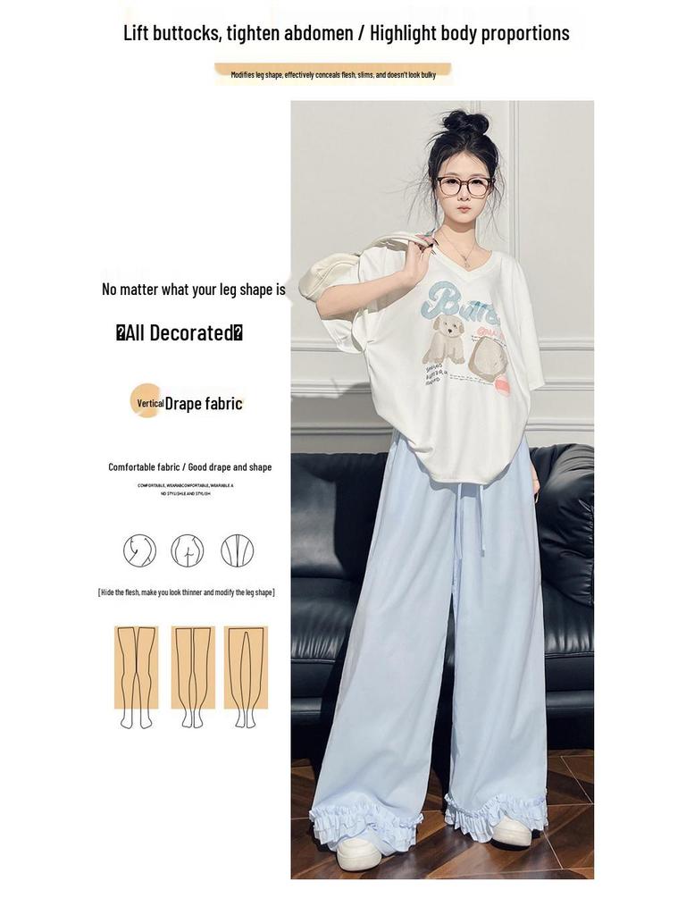 Women's High-Waist Ice Silk Wide-Leg Lace Pants - Summer Casual Slimming Drape