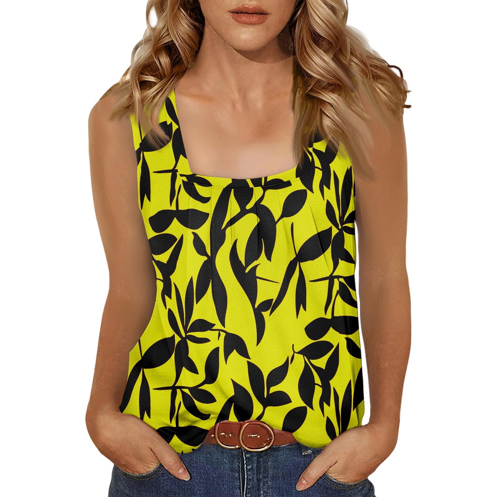 

Женская повседневная мода темперамент элегантный квадратный вырез диапазон цветочный принт топ XL жёлтый