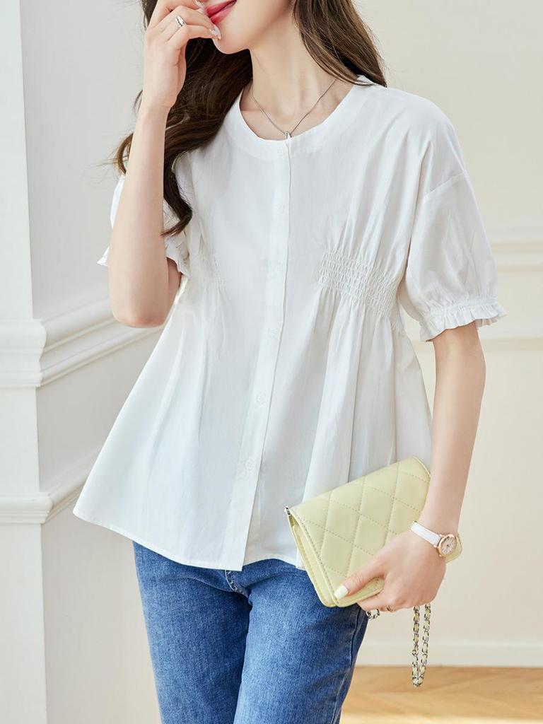 Asymmetrical Pleated Short-Sleeve Shirt - 2026 Summer Loose Round Neck Top