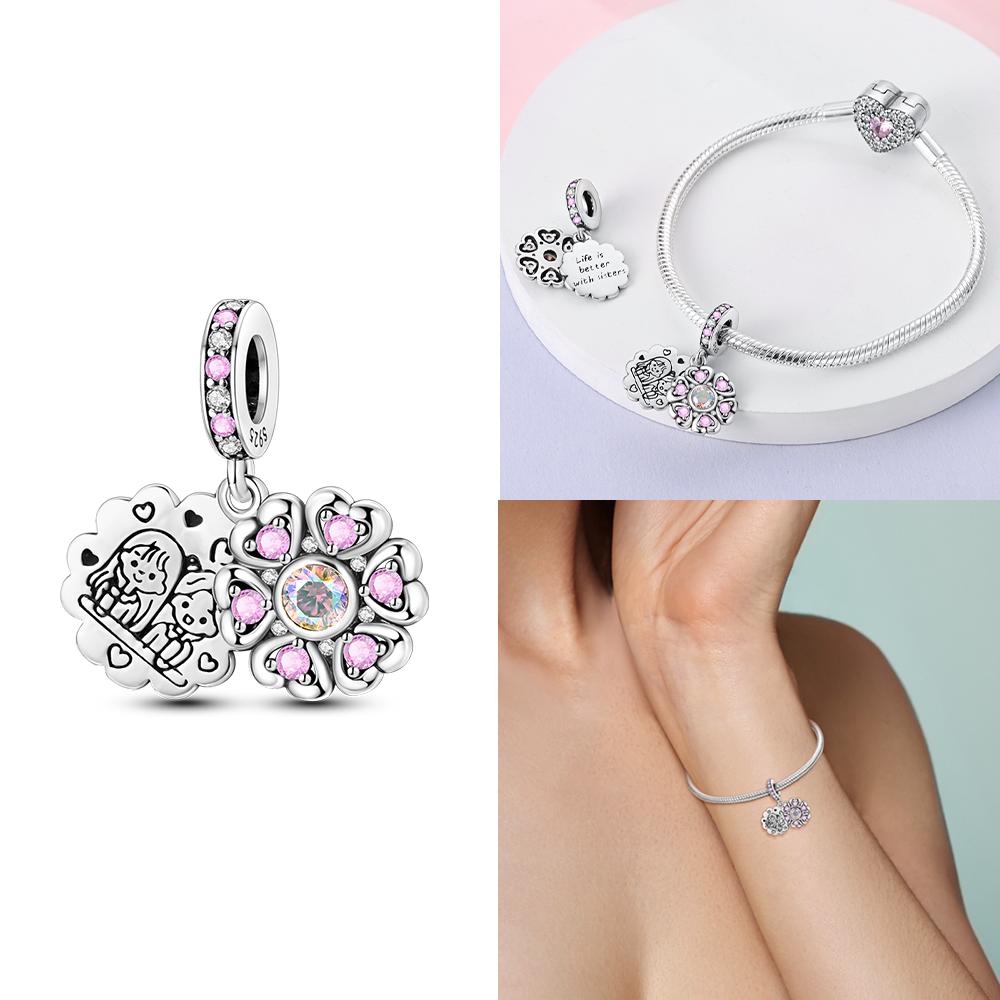 Rose Gold Pink Zircon Love Heart Beads Fit Bracelet Charms Copper Original Jewelry Women Diy Accessories