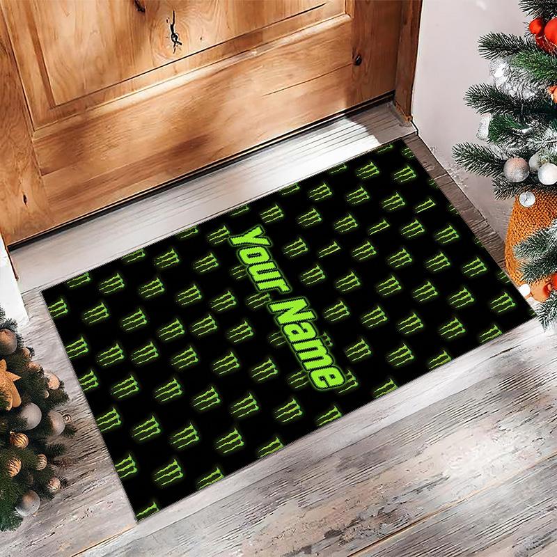 Tappeto Monster Energy Crystal Velvet, Tappetino Antiscivolo Personalizzato con Nome Testo per Arredamento Casa Regalo