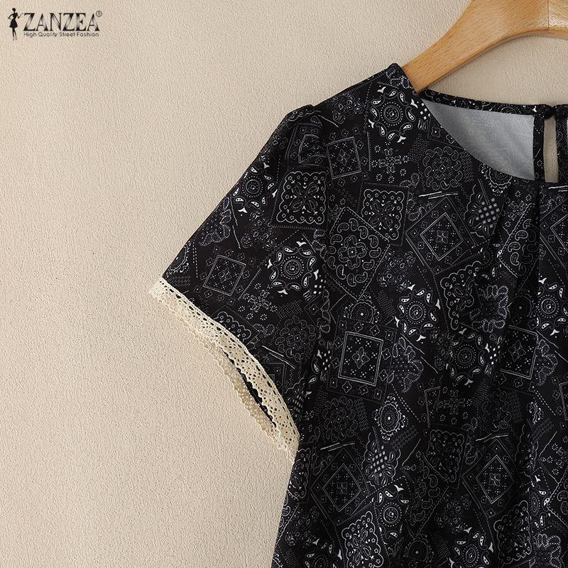 ZANZEA Women Ethnic Print Summer Casual Round Neck Short Sleeve Blouse