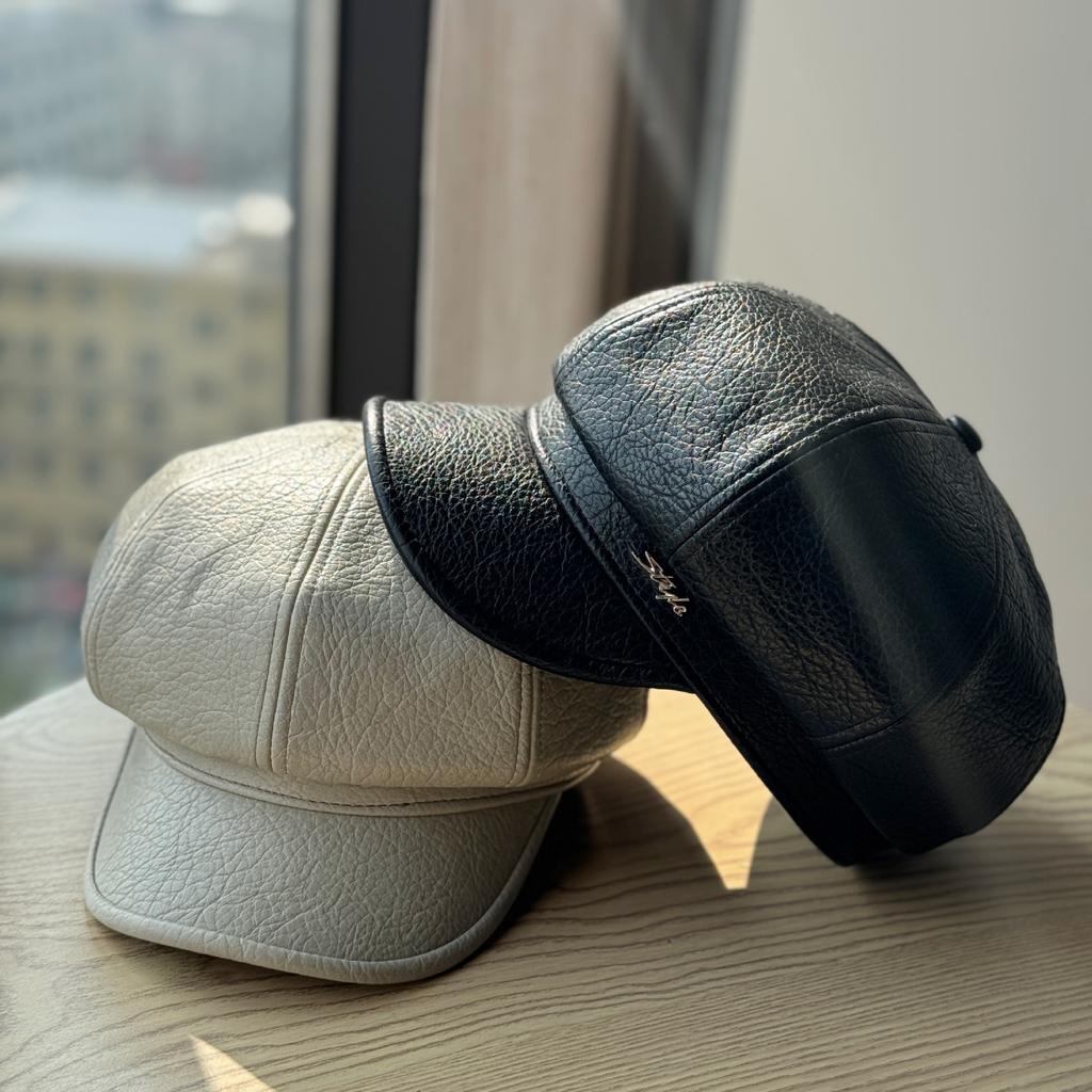 New Octagonal Hat for Women Fashionable and Warm in Autumn and Winter Korean Style Versatile Retro Black Leather Newsboy Hat Trend