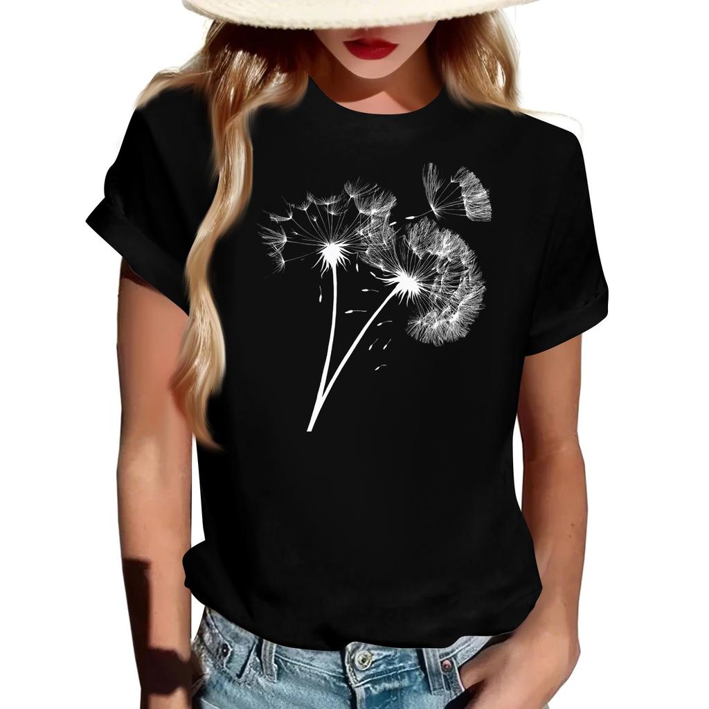 Women's Fashionable Round Neck Casual Retro Print Short Sleeved T-shirt Top