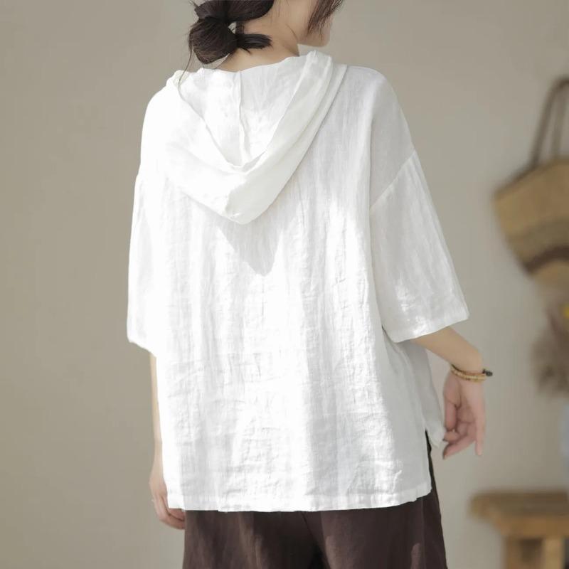 Short-sleeved T-shirt New Cotton and Linen Women's Top Hoodie Loose Simple Literary Original Slimming Women's T-shirt Women