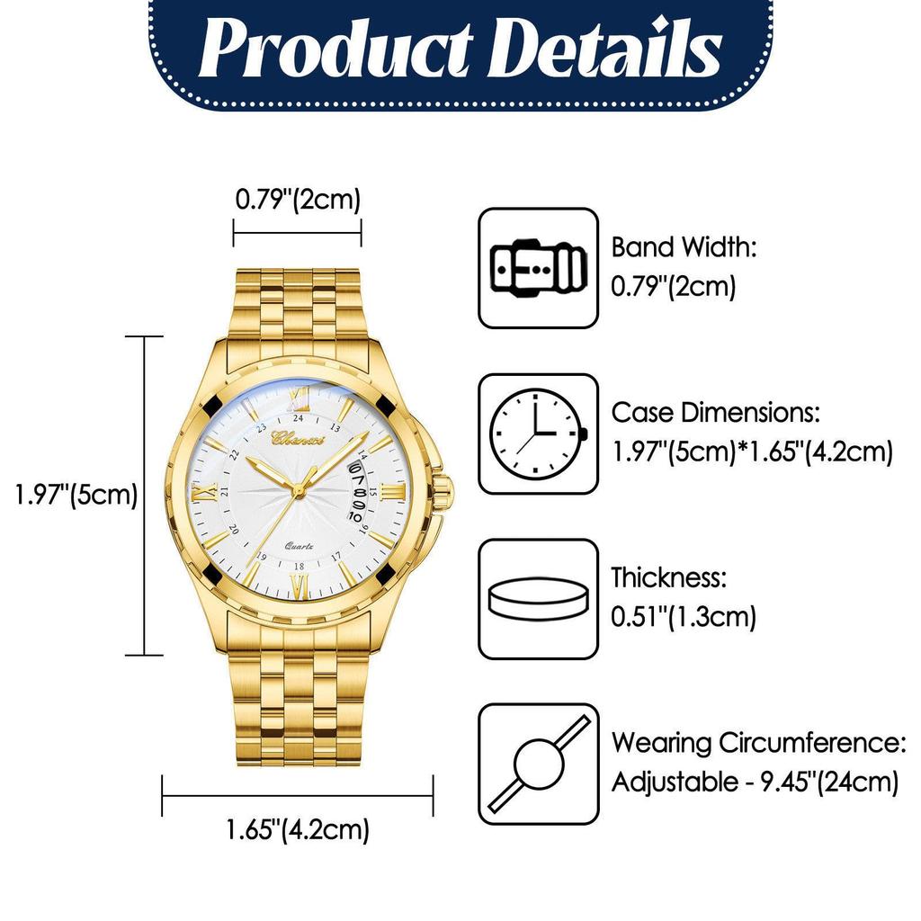 Watch Men Stainless Steel Calendar Gold 3ATM Water Resistant Luminous Analog Display Simple Fashion Quartz Watch Men Fashion Accessory - Birthday