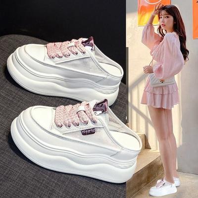 2025 New Baotou Half Slippers Women's Summer Wear Breathable Mesh Without Heel Little White Shoes Platform Casual Sandals