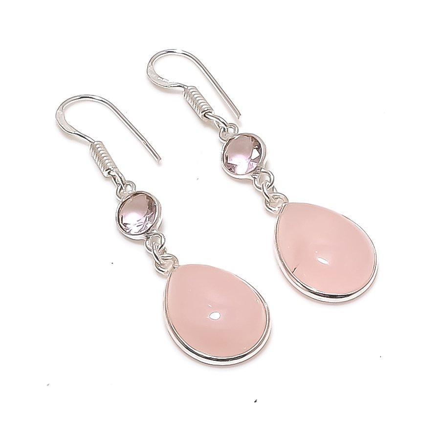 Natural Rose Quartz, Kunzite 925 Sterling Silver Jewelry Earring 1.89  AE-12295