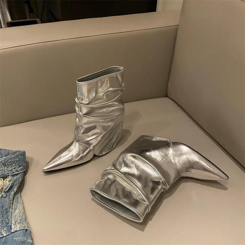 Fashion 2025 Autumn Winter Pleated Pointed Toe Women Ankle Boot Wedges High Heels Banquet Prom Street Style Female ShoesEilyken