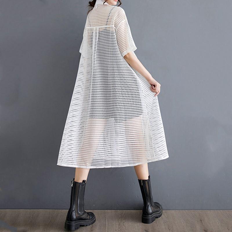 Short Sleeve Plus Size Mesh Perspective New In Dresses for Women Casual Loose Midi Summer Shirt Dress