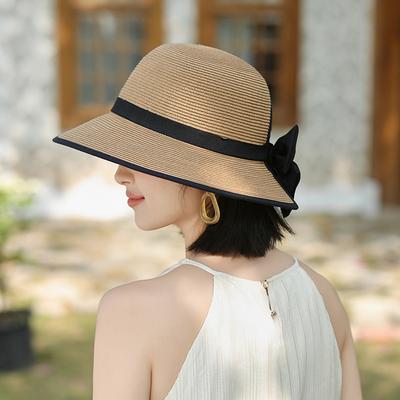Ny elegant fransk split stråhatt för kvinnor sommarsemester solskydd solskydd hatt rosett casual hatt