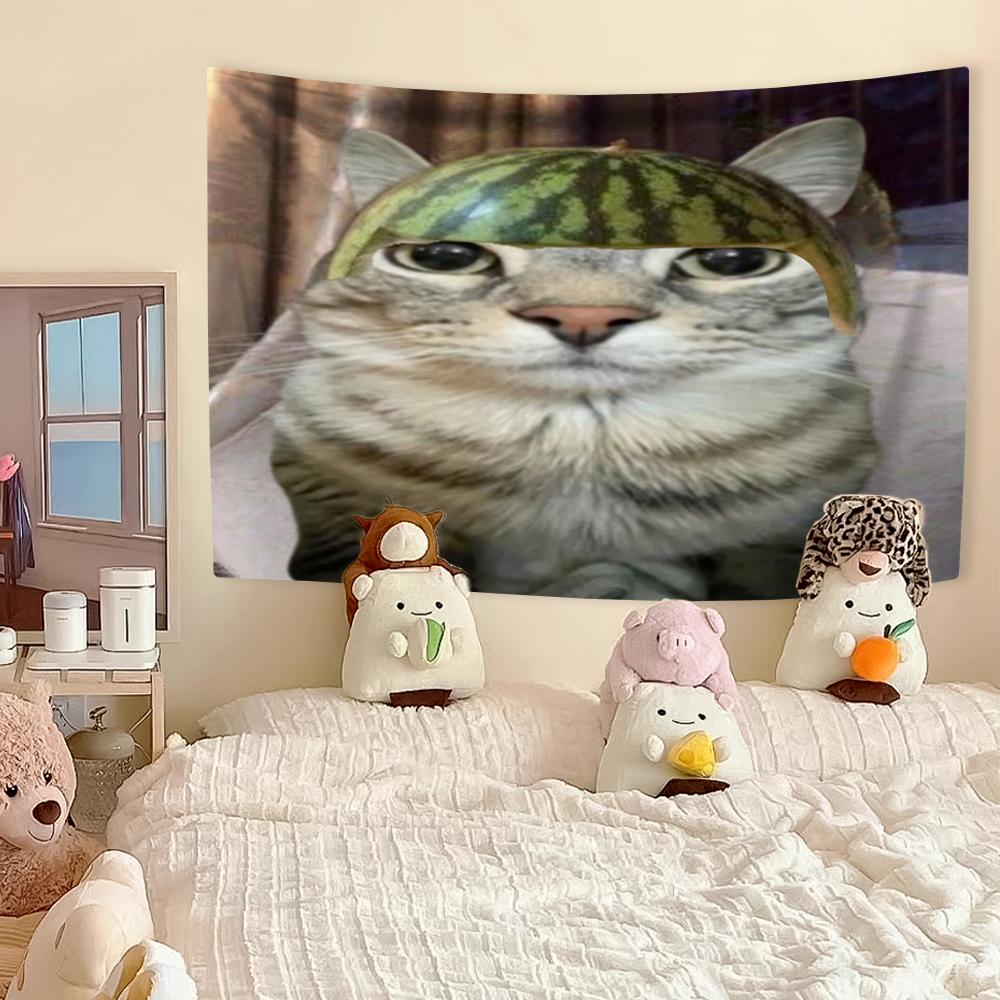 Funny Cat Meme Tapestry Kawaii Animal Home Decor Wall Hanging Tapestries Bedroom Dorm Background Cloth Festival Gift Room Decor