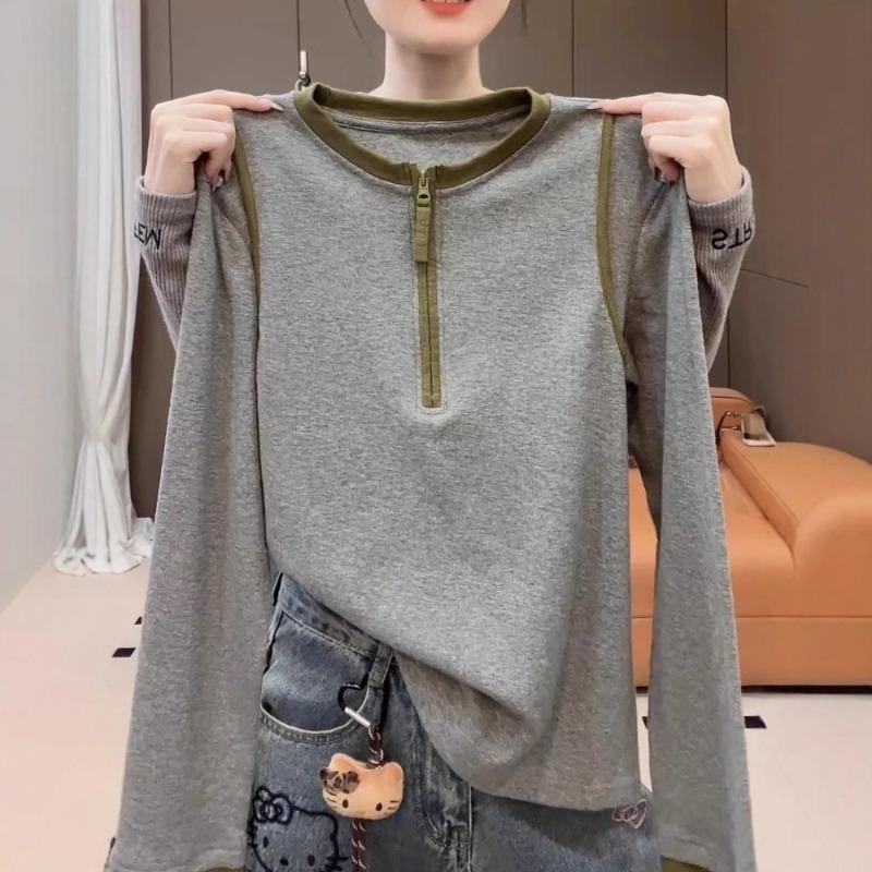 

Designed Contrasting Color Half-zip Long-sleeved T-shirt Women s Autumn and Winter Versatile Bottoming Shirt Top M серый