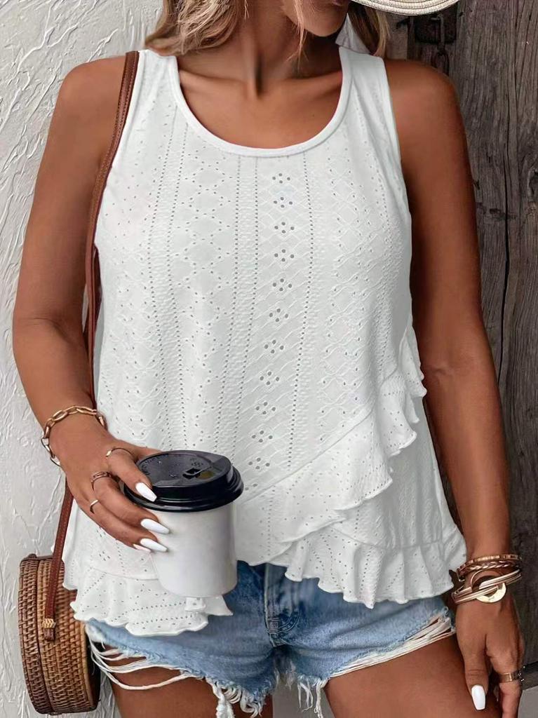 1116 Summer Ladies Elegant Solid Color, Court Flower Eyes Embroidered Asymmetrical Flowerleaf Hoop Vest