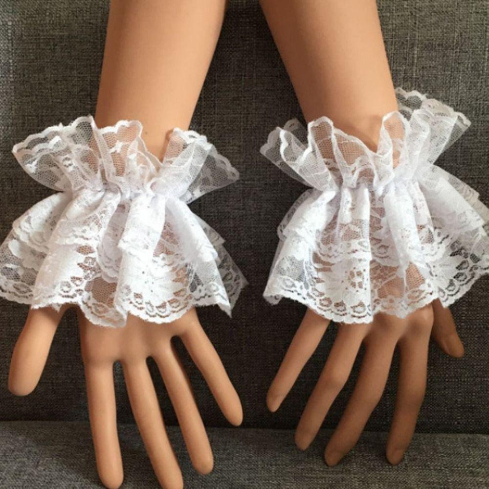 Lolita Hand Sleeve Detachable Sleeves Cuffs Ruffles Solid Color Lace Wrist Cuffs Elastic Floral Lace Sleeve Gloves