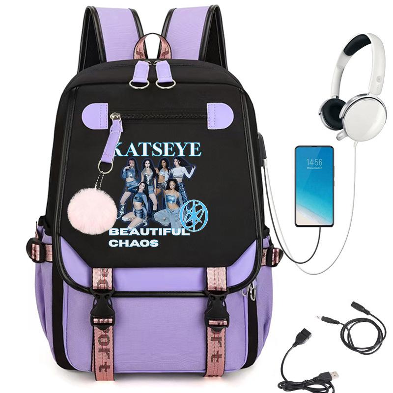 Rucsac Școlar KATSEYE cu Port de Încărcare USB, Bloc de Culori Negru Roz Violet, Rezistent la Apă, Capacitate Mare, Ghiozdan 60123-19